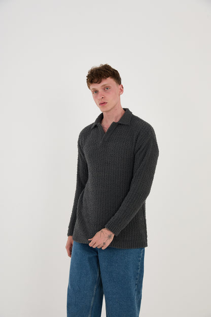 Knitted sweatshirt with polo collar, oversized fit, model 23K177, mint, anthracite or grey