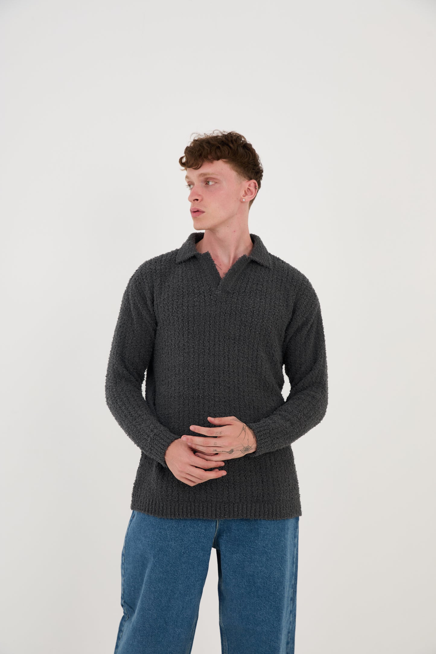 Knitted sweatshirt with polo collar, oversized fit, model 23K177, mint, anthracite or grey