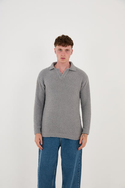 Knitted sweatshirt with polo collar, oversized fit, model 23K177, mint, anthracite or grey