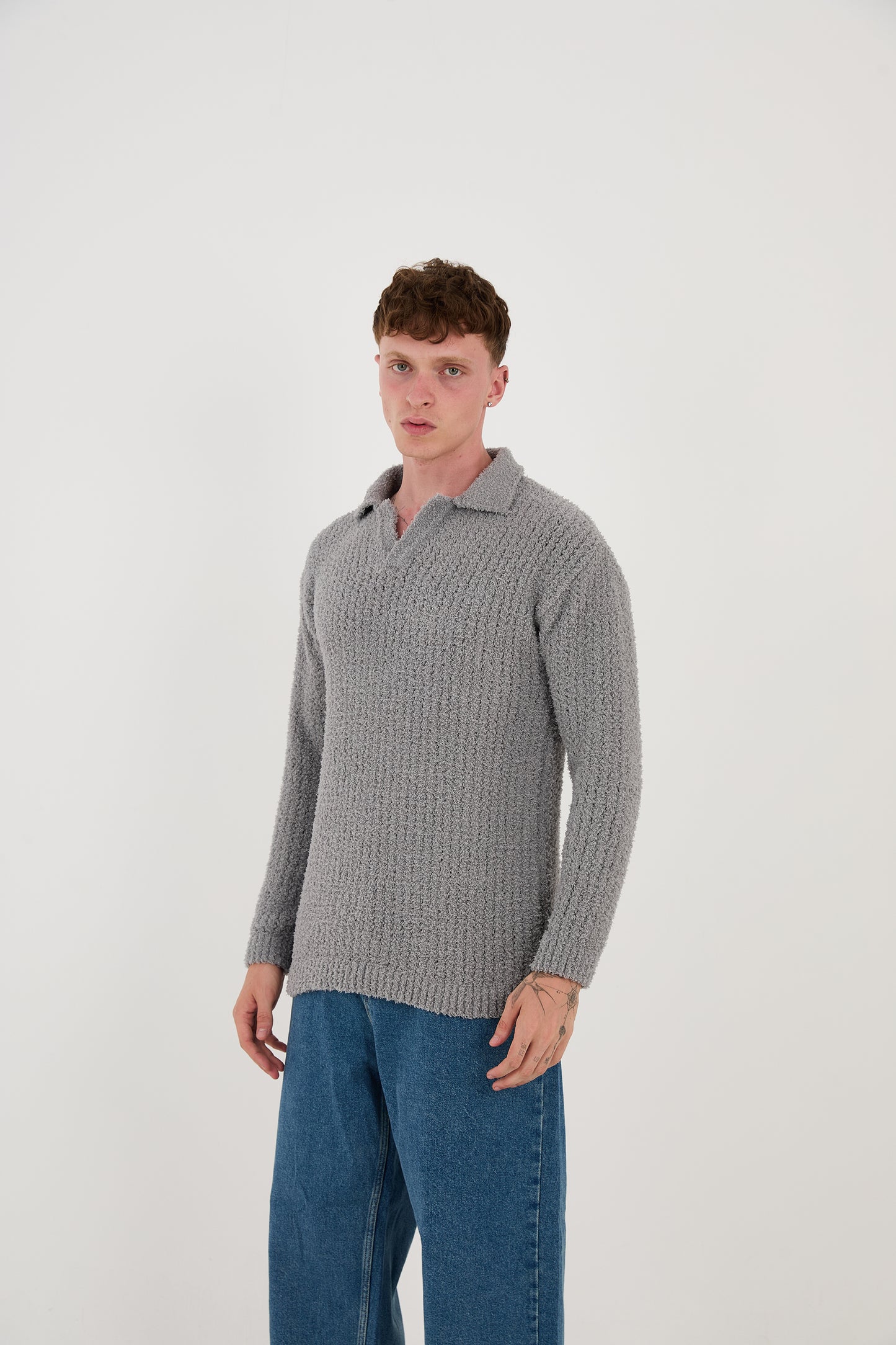 Knitted sweatshirt with polo collar, oversized fit, model 23K177, mint, anthracite or grey