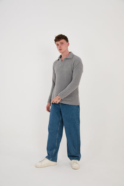 Knitted sweatshirt with polo collar, oversized fit, model 23K177, mint, anthracite or grey