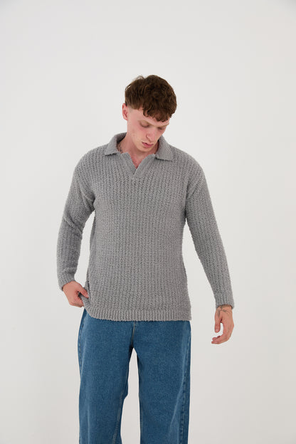 Knitted sweatshirt with polo collar, oversized fit, model 23K177, mint, anthracite or grey