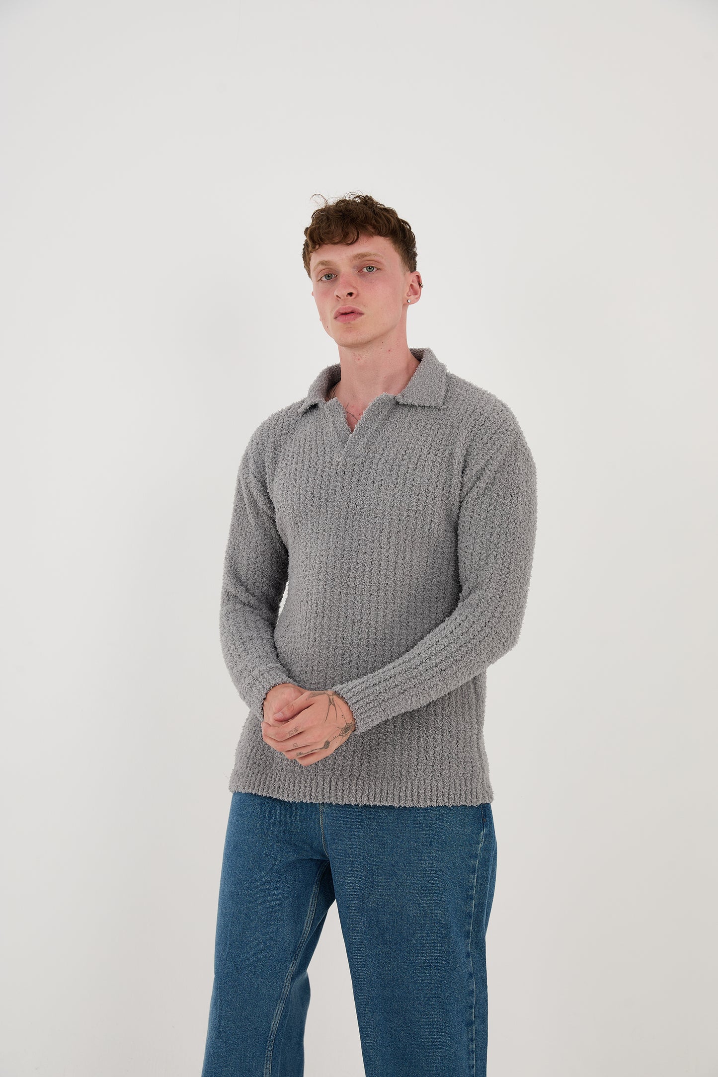 Knitted sweatshirt with polo collar, oversized fit, model 23K177, mint, anthracite or grey