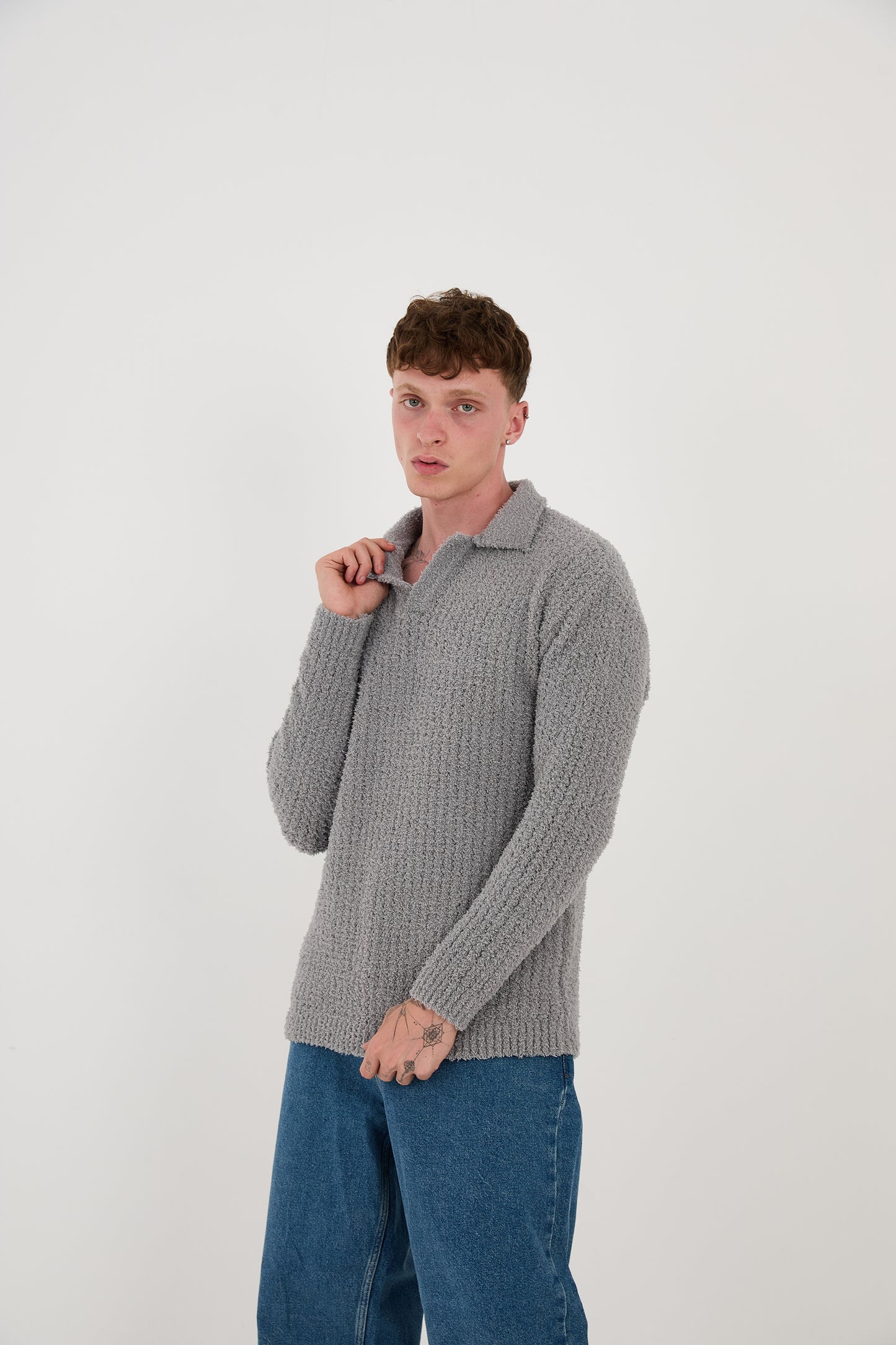 Knitted sweatshirt with polo collar, oversized fit, model 23K177, mint, anthracite or grey