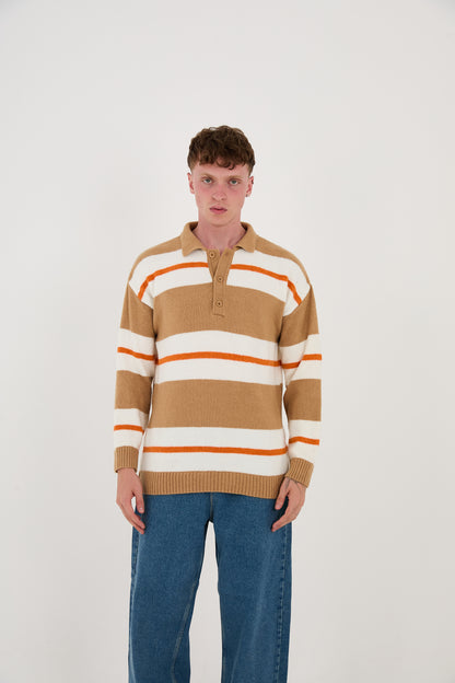 Knitted polo collar sweater, loose fit, striped pattern, model 24TK032, camel, light blue or black