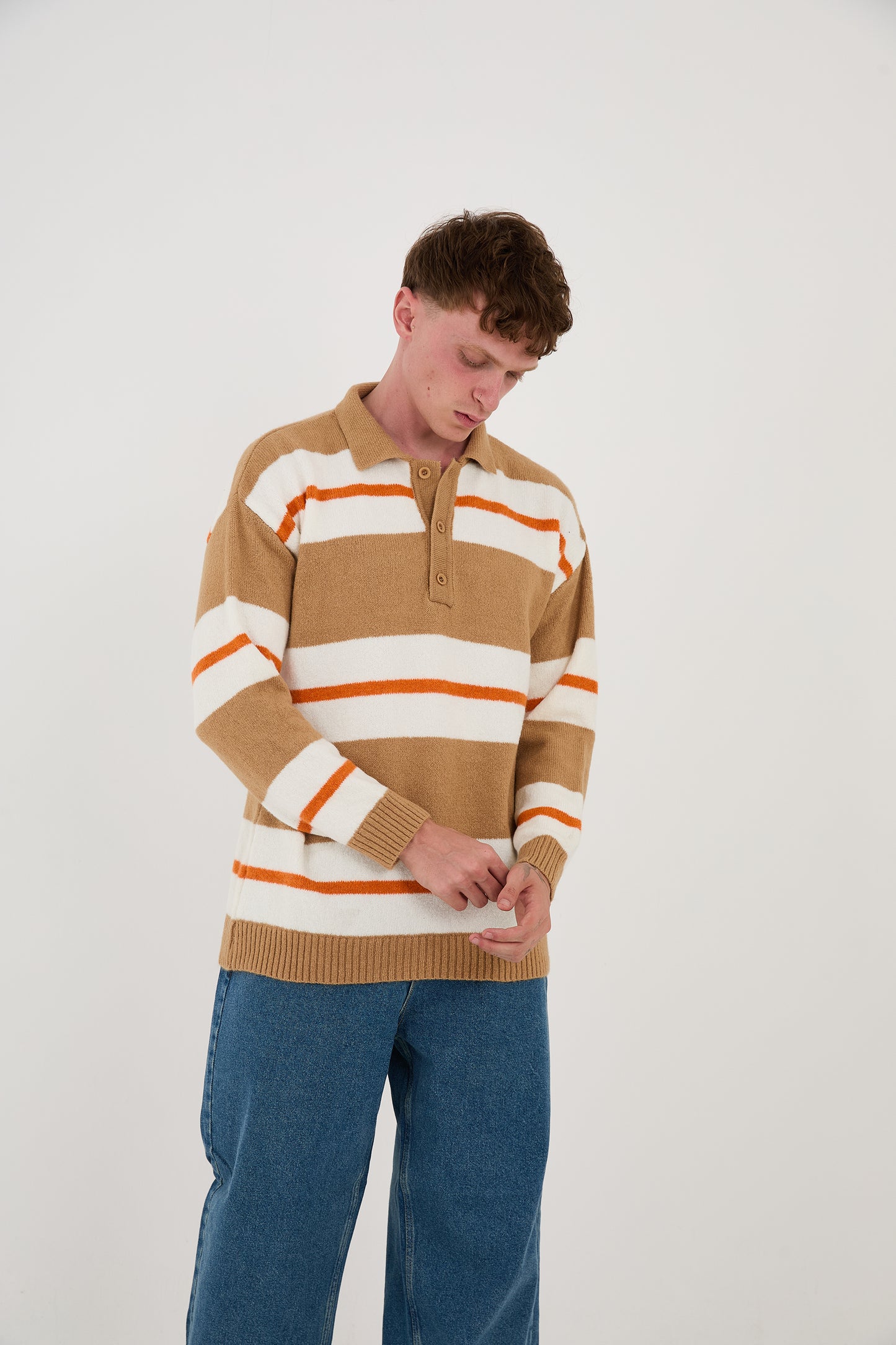 Knitted polo collar sweater, loose fit, striped pattern, model 24TK032, camel, light blue or black