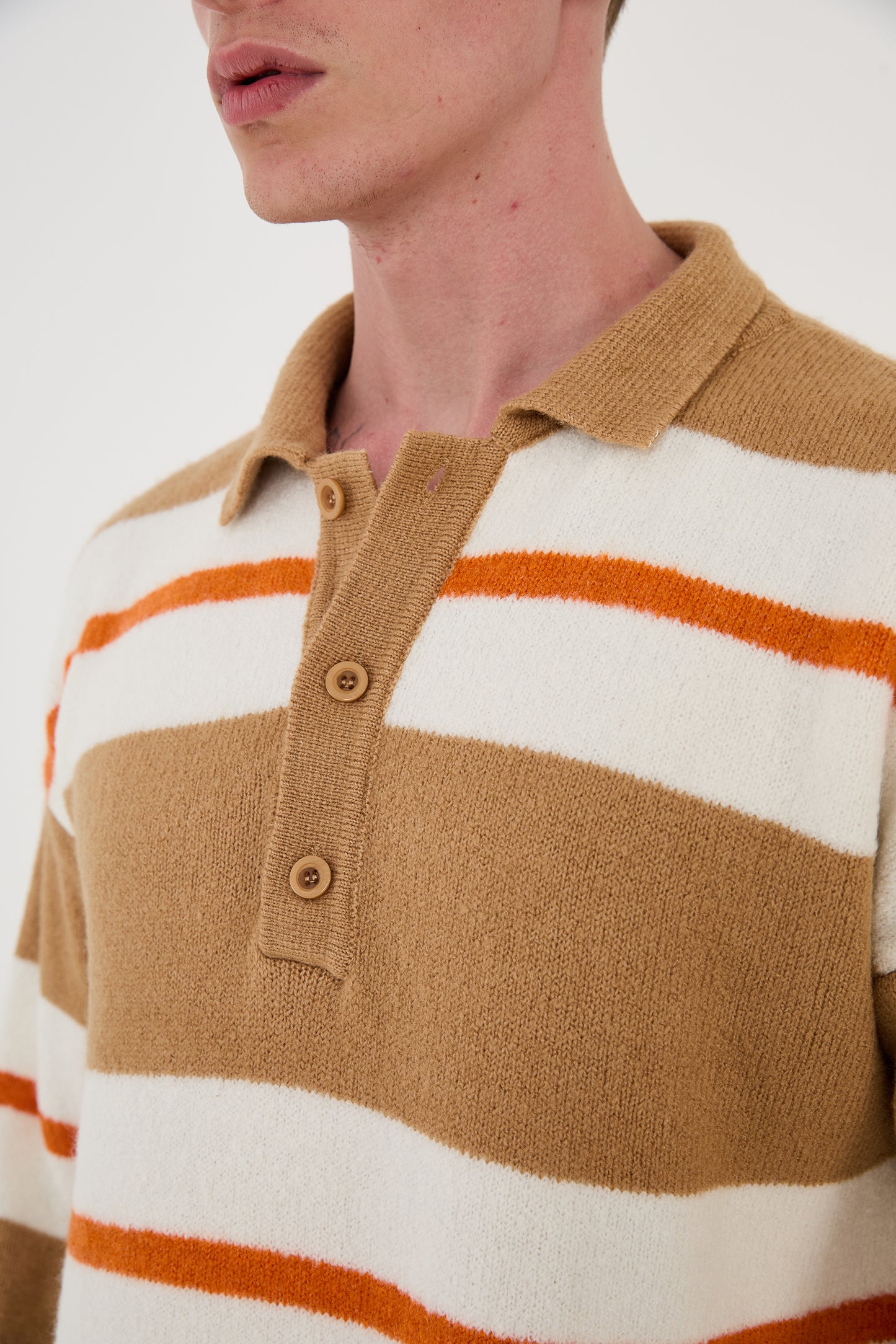 Knitted polo collar sweater, loose fit, striped pattern, model 24TK032, camel, light blue or black