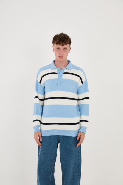 Knitted polo collar sweater, loose fit, striped pattern, model 24TK032, camel, light blue or black