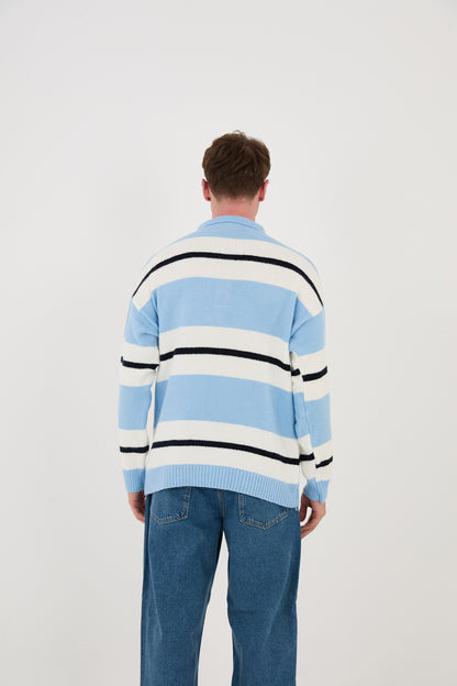 Knitted polo collar sweater, loose fit, striped pattern, model 24TK032, camel, light blue or black