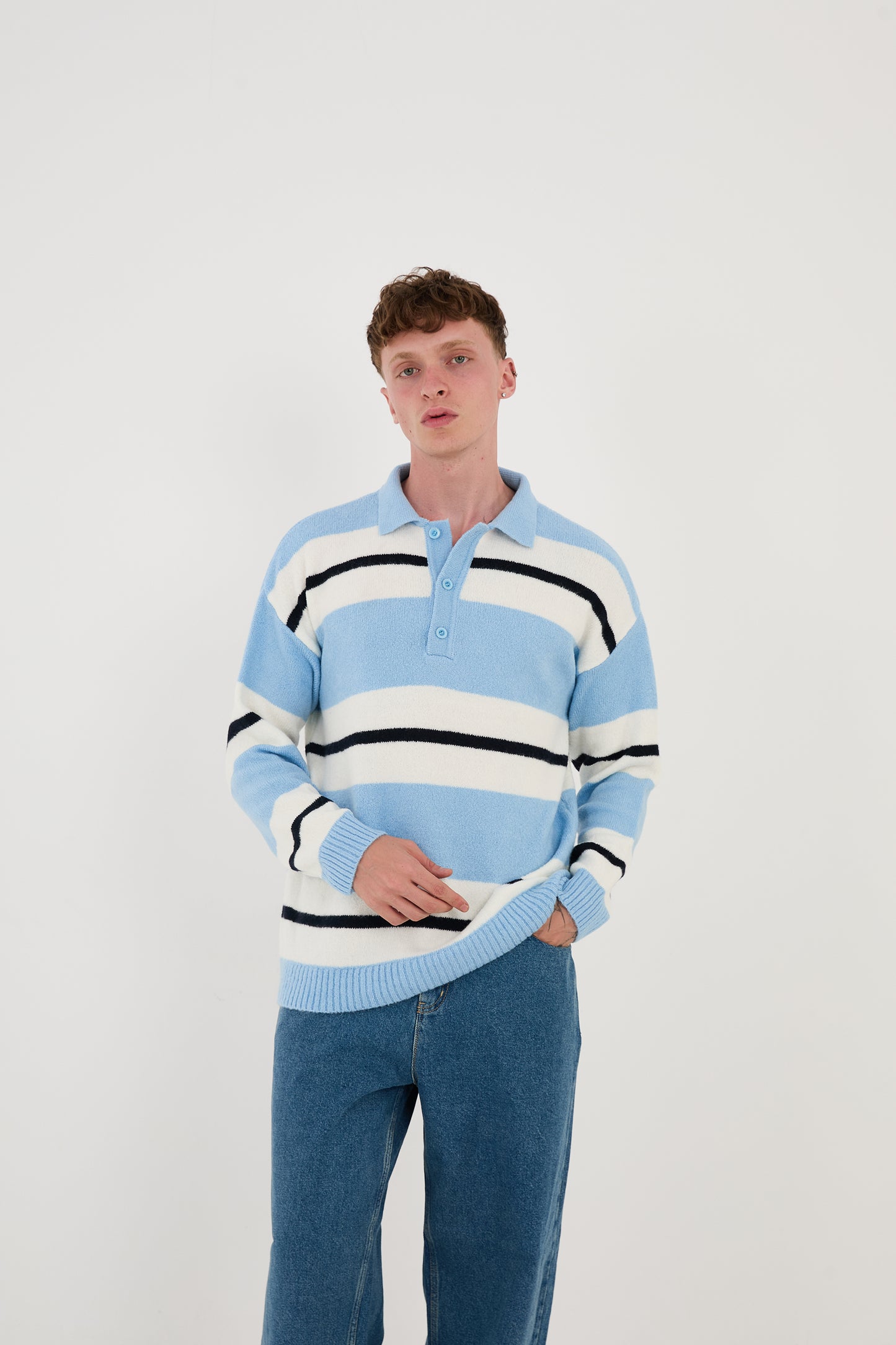 Knitted polo collar sweater, loose fit, striped pattern, model 24TK032, camel, light blue or black