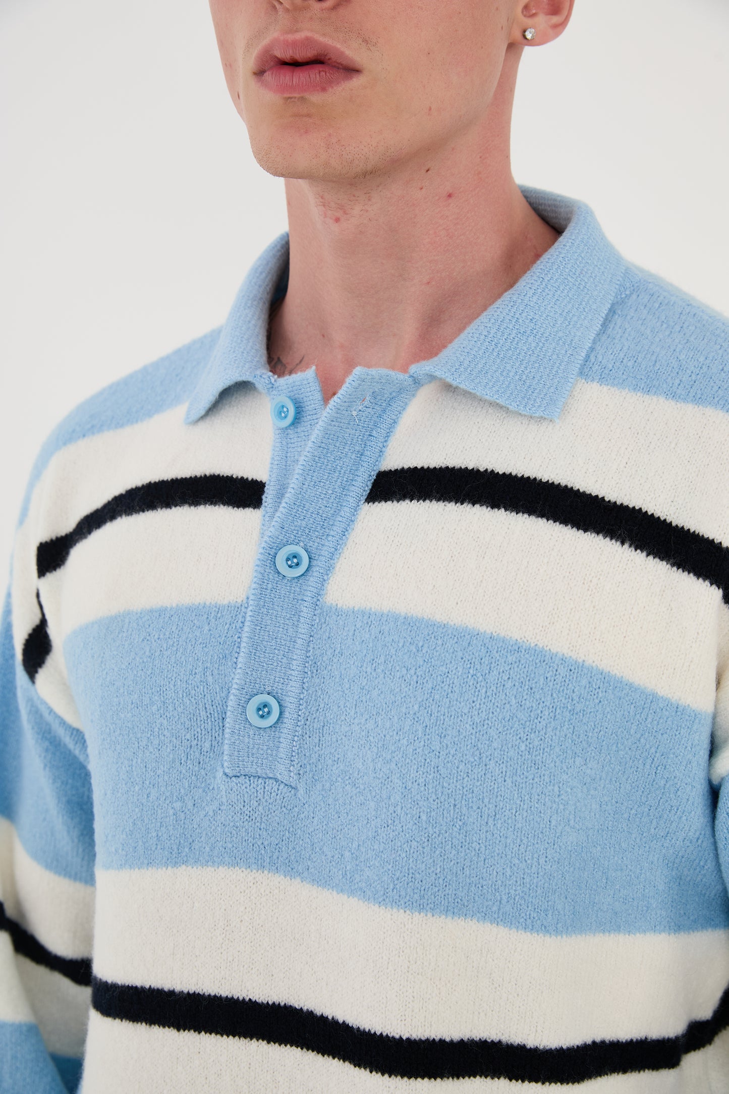 Knitted polo collar sweater, loose fit, striped pattern, model 24TK032, camel, light blue or black