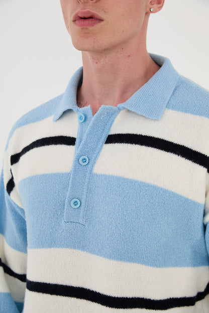 Knitted polo collar sweater, loose fit, striped pattern, model 24TK032, camel, light blue or black