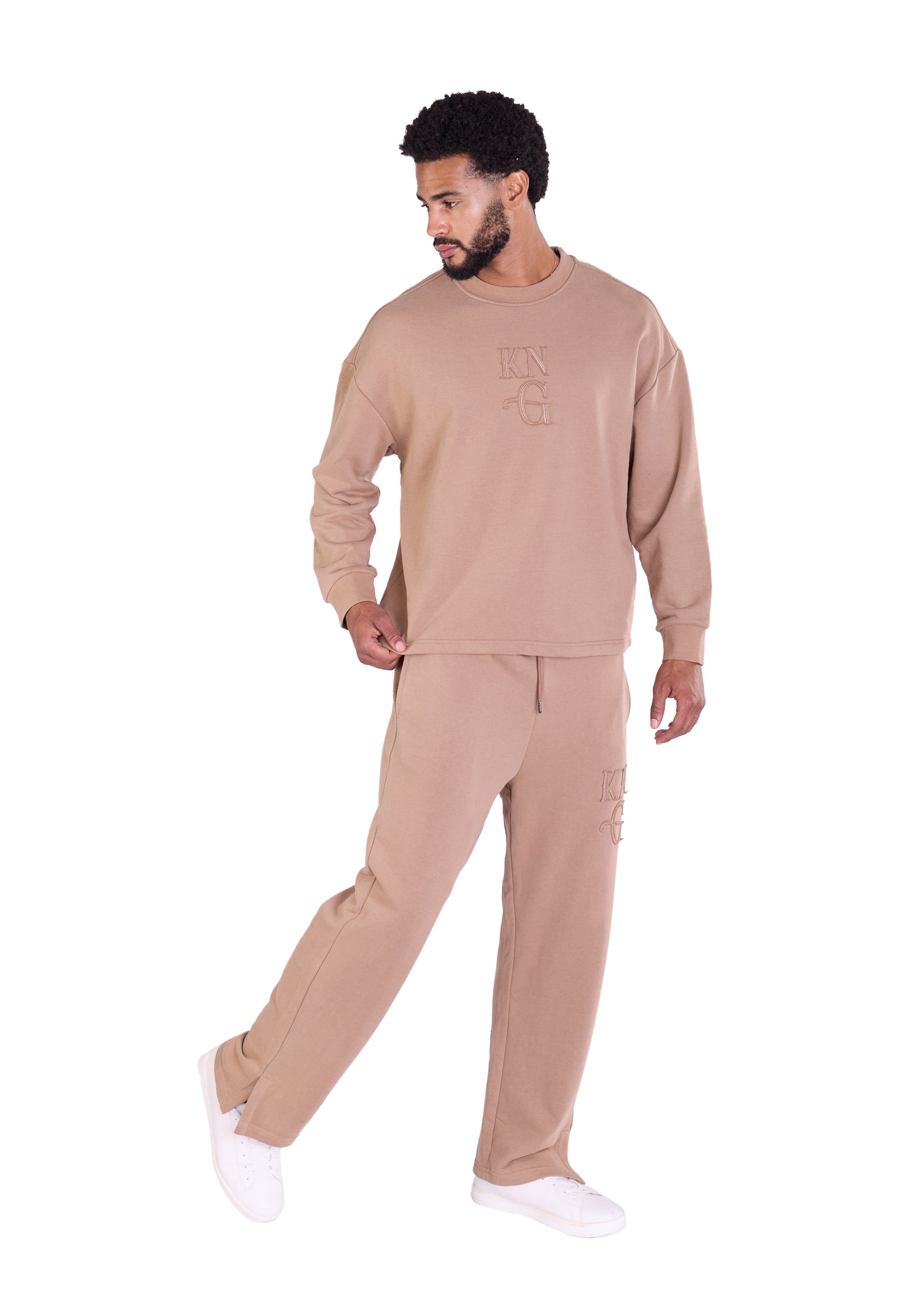 Herren Jogger Kombi Zweiteiler,  Oversized Fit Freizeitanzug, Modell DQ KB374, Hellbraun