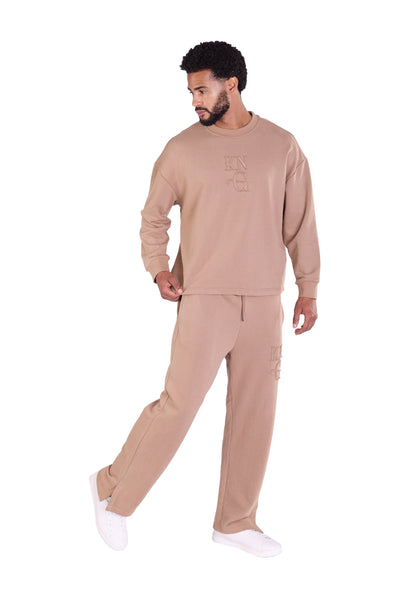 Herren Jogger Kombi Zweiteiler,  Oversized Fit Freizeitanzug, Modell DQ KB374, Hellbraun