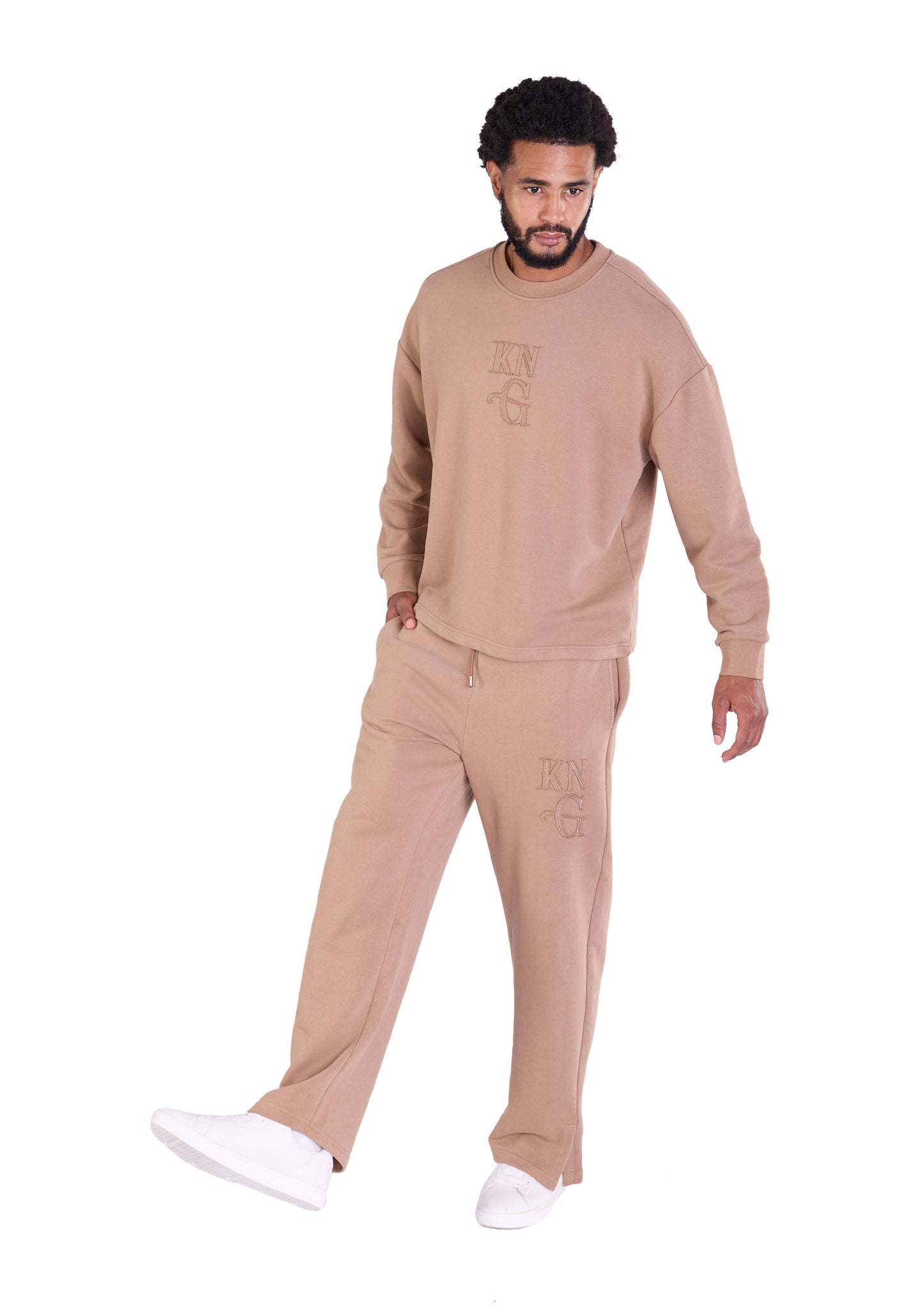 Herren Jogger Kombi Zweiteiler,  Oversized Fit Freizeitanzug, Modell DQ KB374, Hellbraun