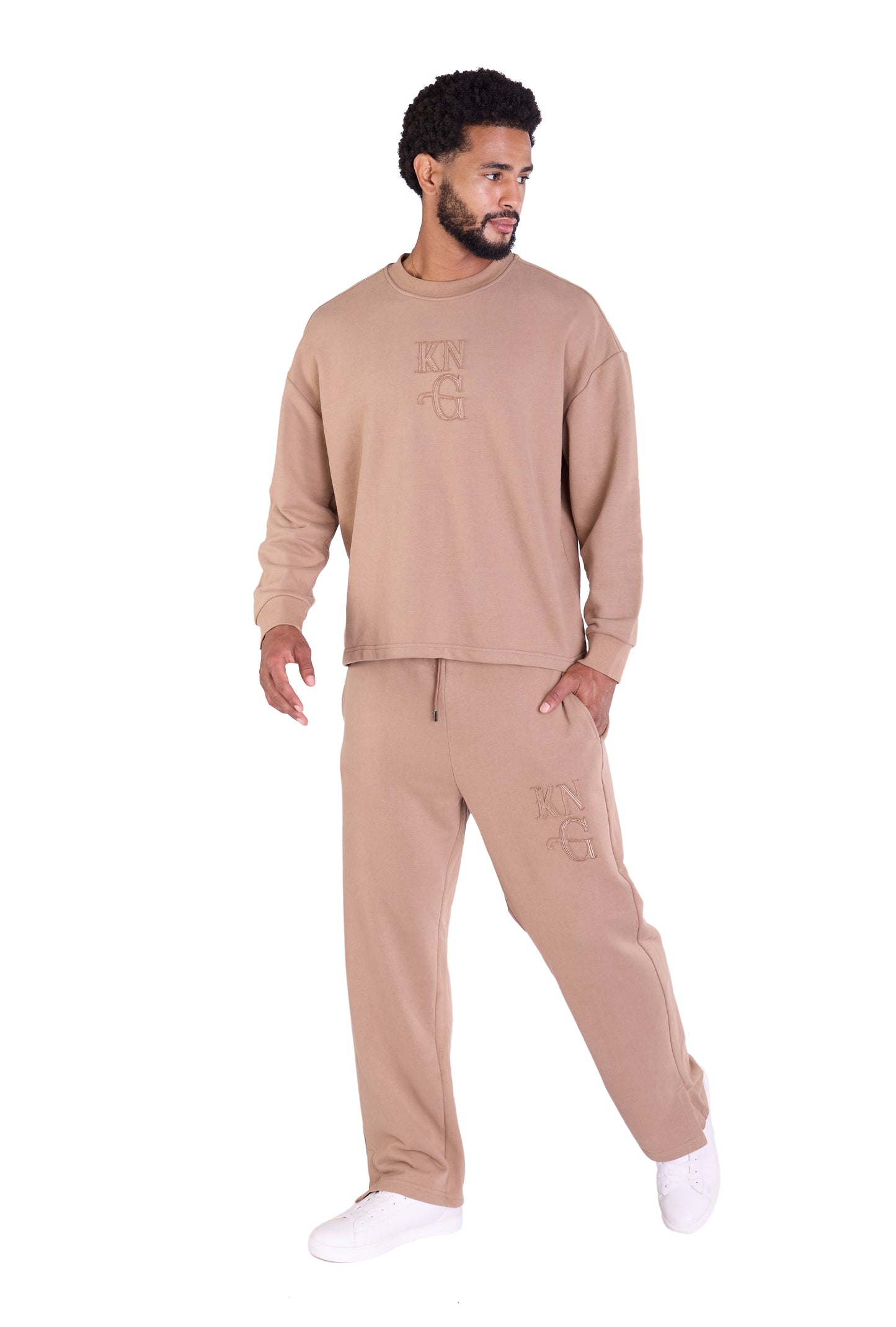 Herren Jogger Kombi Zweiteiler,  Oversized Fit Freizeitanzug, Modell DQ KB374, Hellbraun