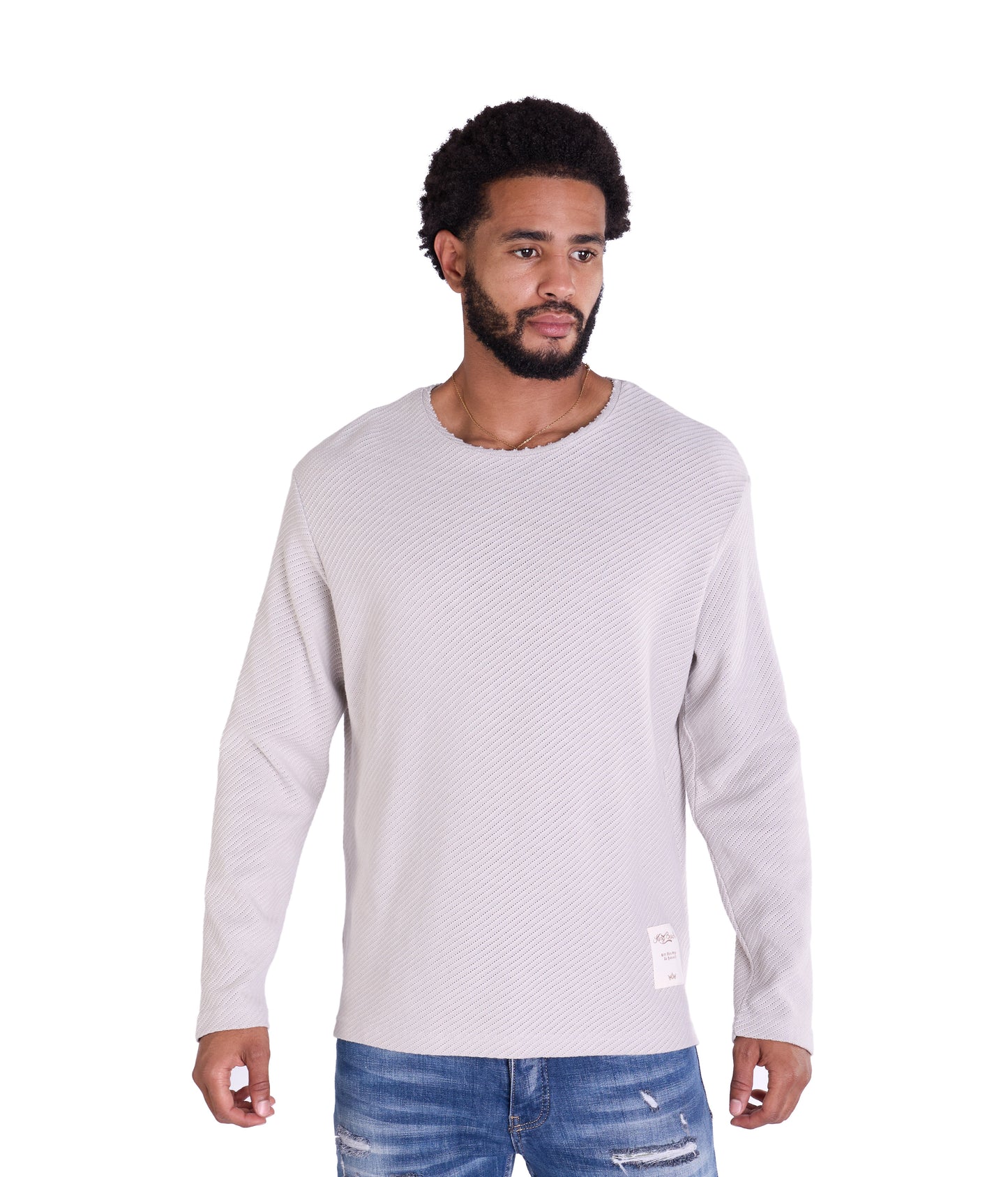 Feinstrick Longsleeve, Loose Fit mit ausgefranstem Kragen Modell DQ KB401, Blau, Braun, Grau oder Grün