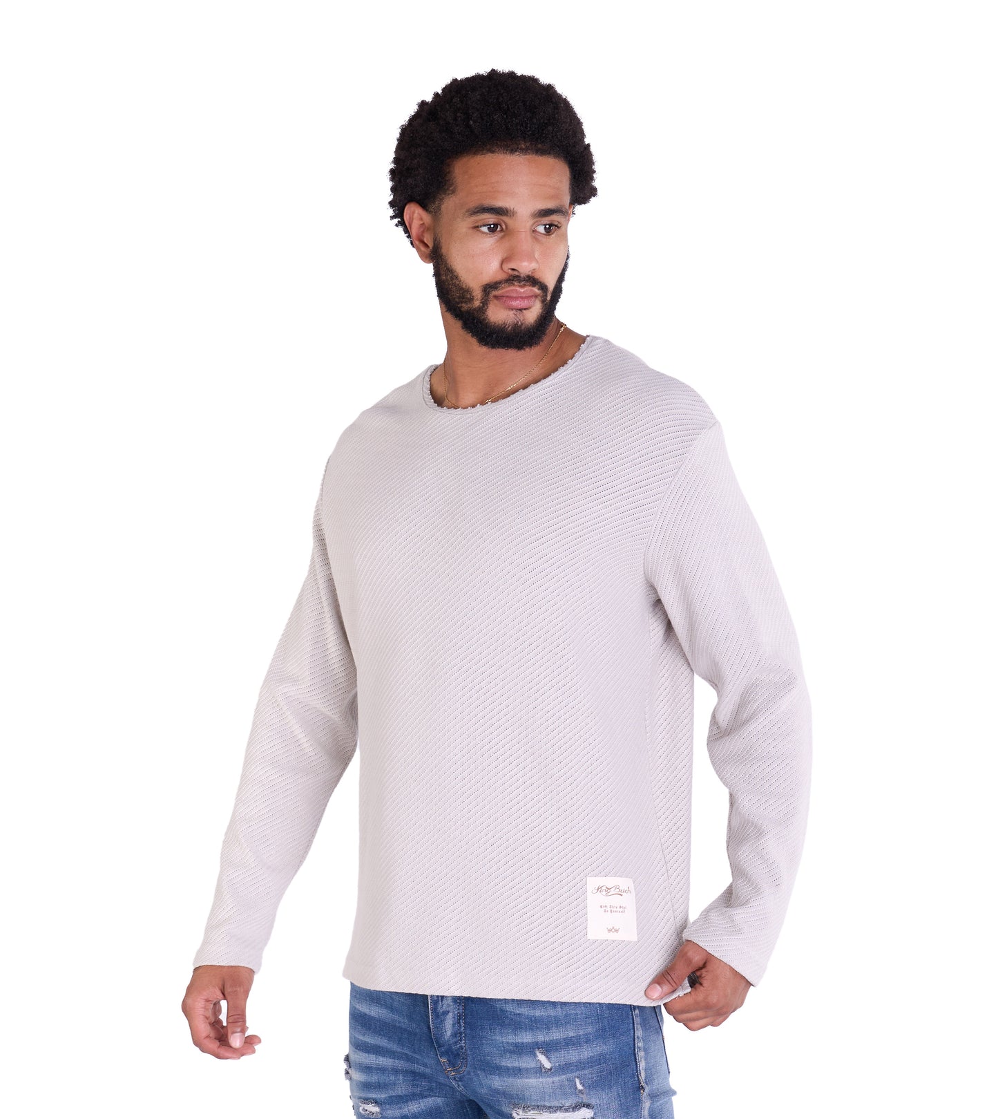 Feinstrick Longsleeve, Loose Fit mit ausgefranstem Kragen Modell DQ KB401, Blau, Braun, Grau oder Grün