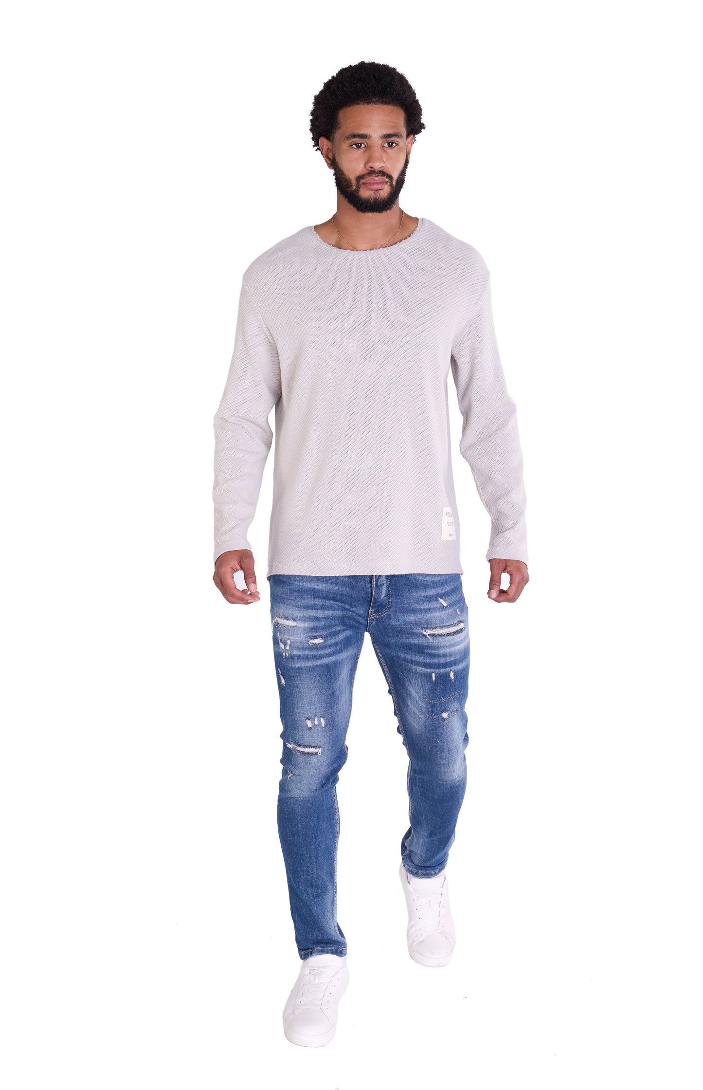 Feinstrick Longsleeve, Loose Fit mit ausgefranstem Kragen Modell DQ KB401, Blau, Braun, Grau oder Grün