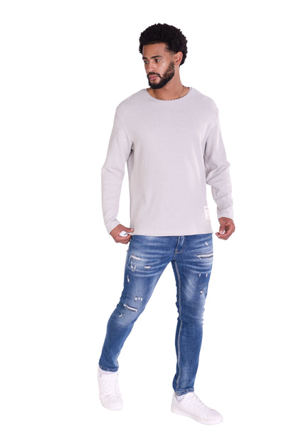 Feinstrick Longsleeve, Loose Fit mit ausgefranstem Kragen Modell DQ KB401, Blau, Braun, Grau oder Grün