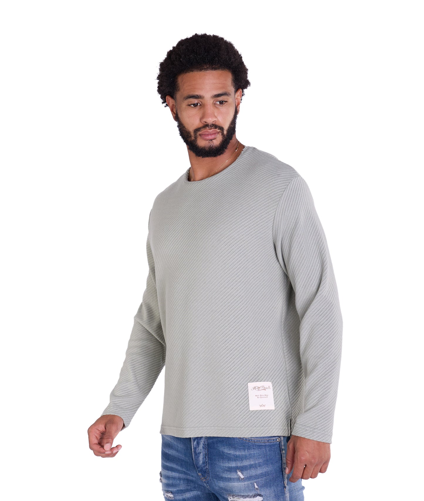 Feinstrick Longsleeve, Loose Fit mit ausgefranstem Kragen Modell DQ KB401, Blau, Braun, Grau oder Grün