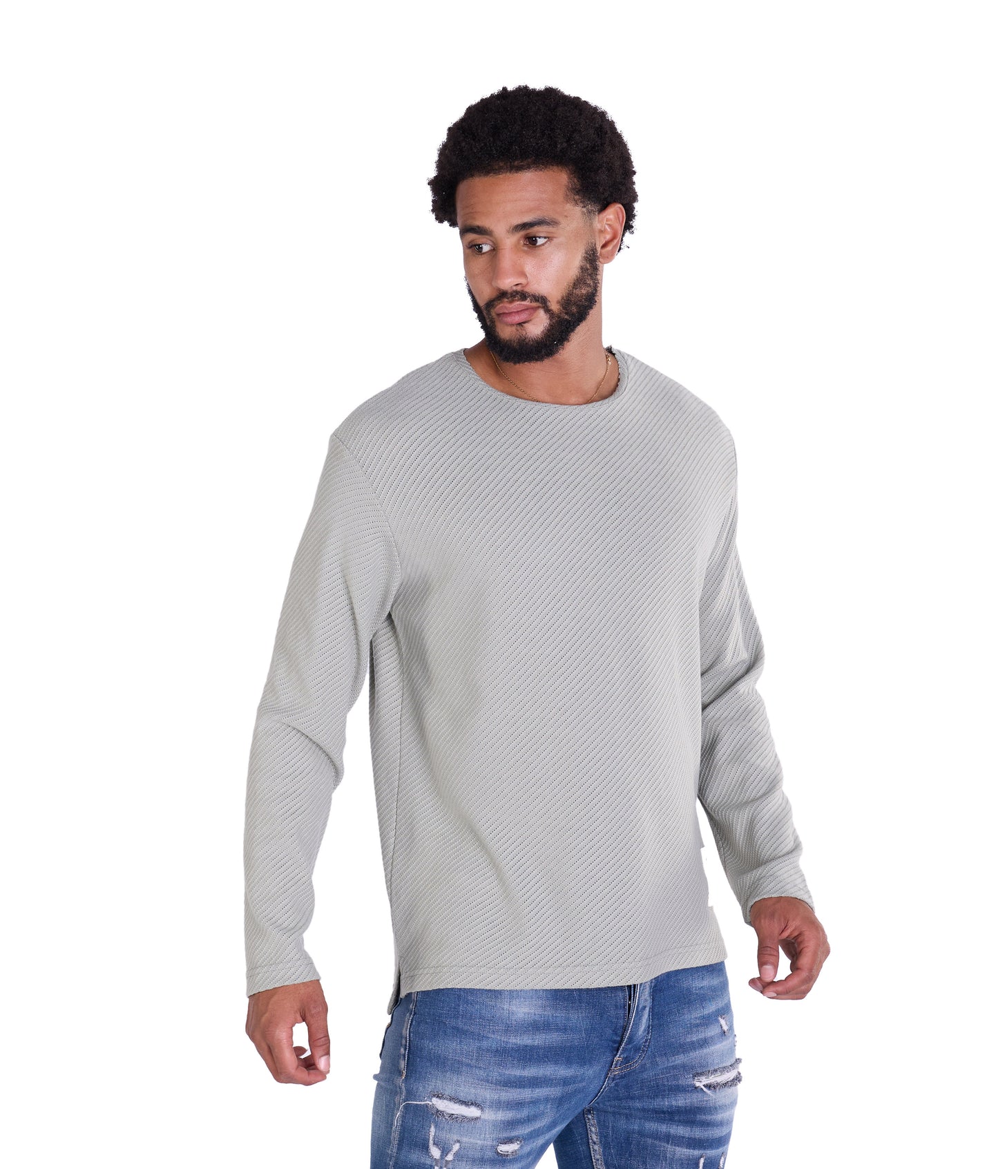 Feinstrick Longsleeve, Loose Fit mit ausgefranstem Kragen Modell DQ KB401, Blau, Braun, Grau oder Grün