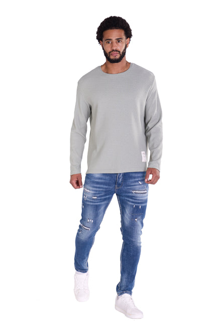 Feinstrick Longsleeve, Loose Fit mit ausgefranstem Kragen Modell DQ KB401, Blau, Braun, Grau oder Grün