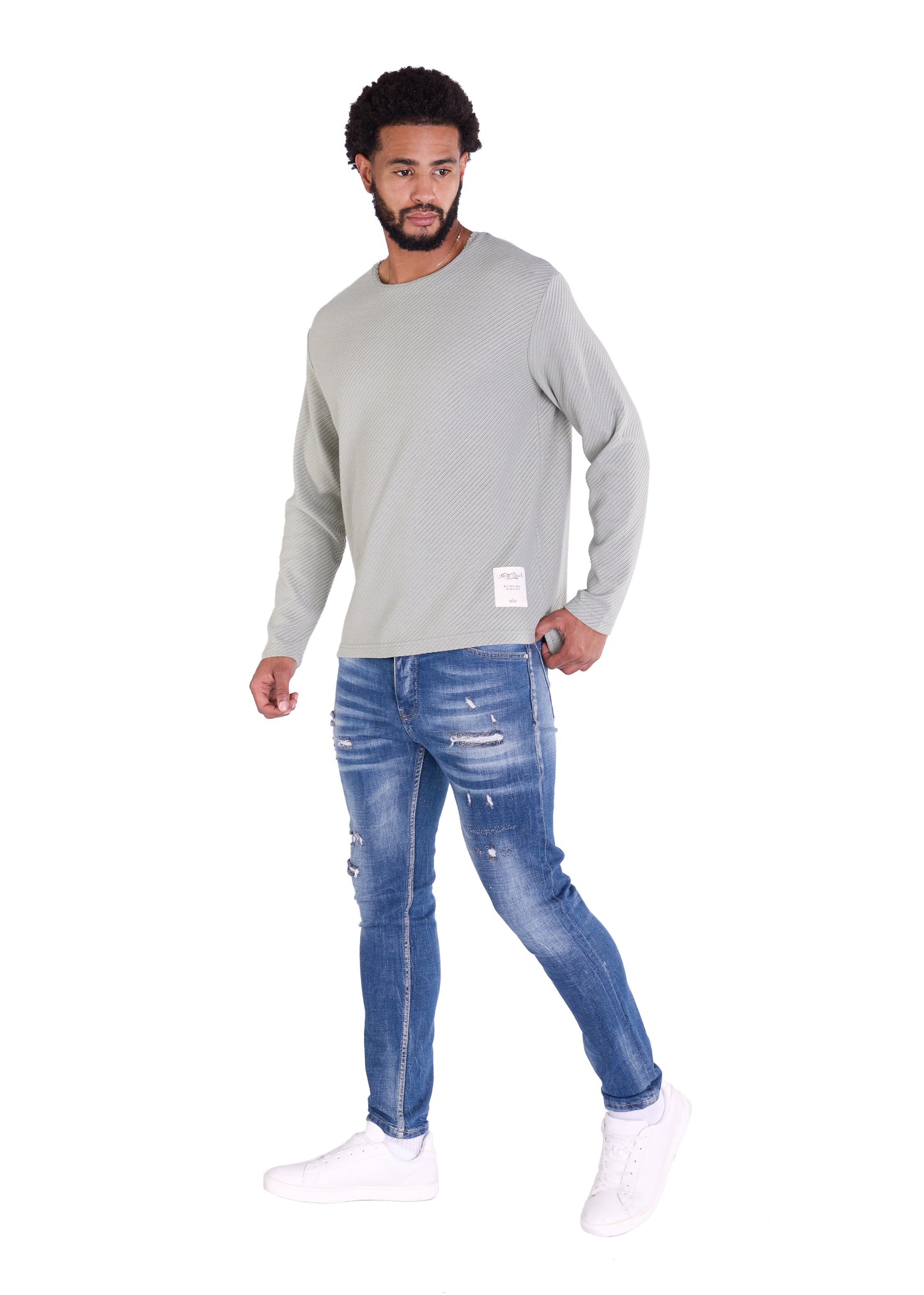 Feinstrick Longsleeve, Loose Fit mit ausgefranstem Kragen Modell DQ KB401, Blau, Braun, Grau oder Grün
