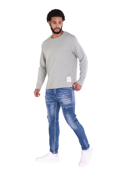 Feinstrick Longsleeve, Loose Fit mit ausgefranstem Kragen Modell DQ KB401, Blau, Braun, Grau oder Grün