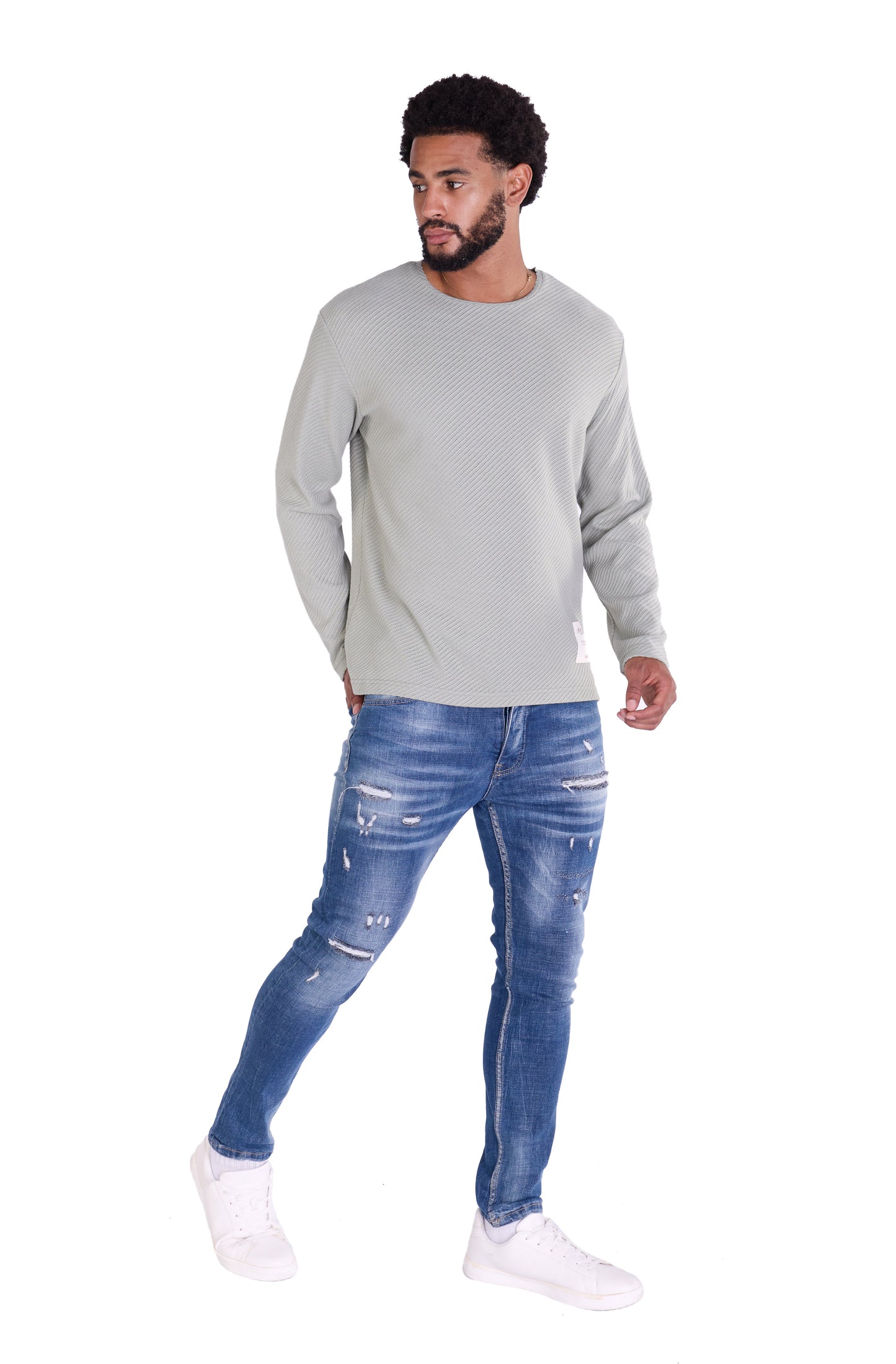 Feinstrick Longsleeve, Loose Fit mit ausgefranstem Kragen Modell DQ KB401, Blau, Braun, Grau oder Grün