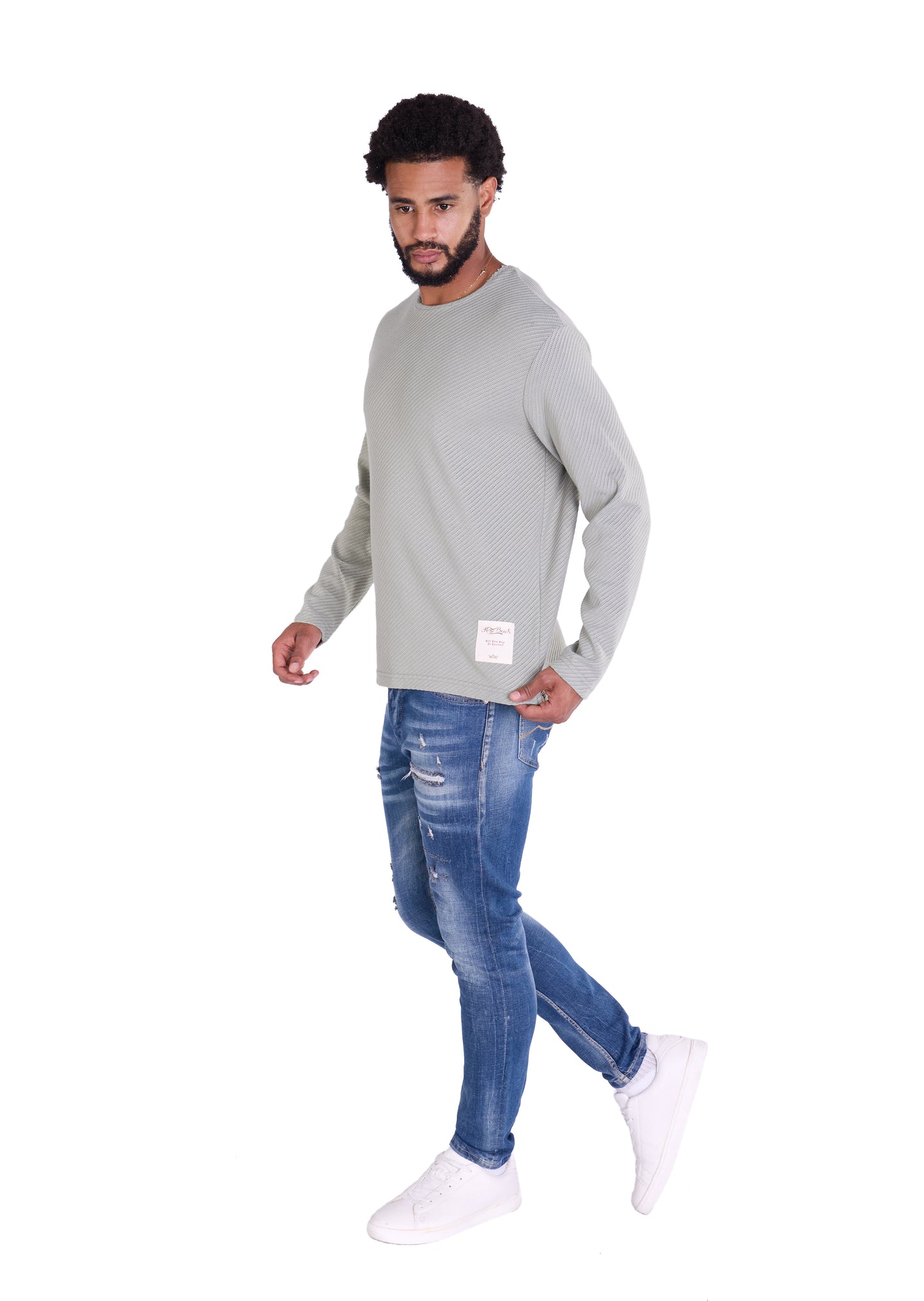 Feinstrick Longsleeve, Loose Fit mit ausgefranstem Kragen Modell DQ KB401, Blau, Braun, Grau oder Grün