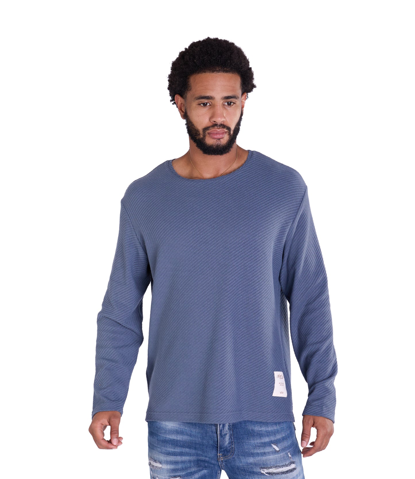Feinstrick Longsleeve, Loose Fit mit ausgefranstem Kragen Modell DQ KB401, Blau, Braun, Grau oder Grün