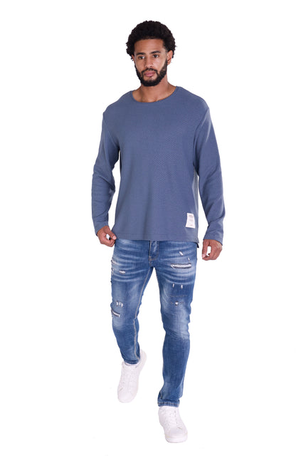 Feinstrick Longsleeve, Loose Fit mit ausgefranstem Kragen Modell DQ KB401, Blau, Braun, Grau oder Grün