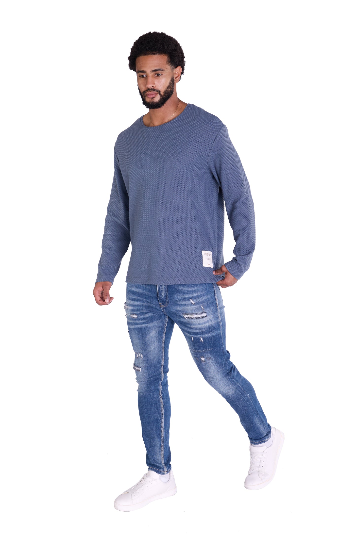 Feinstrick Longsleeve, Loose Fit mit ausgefranstem Kragen Modell DQ KB401, Blau, Braun, Grau oder Grün