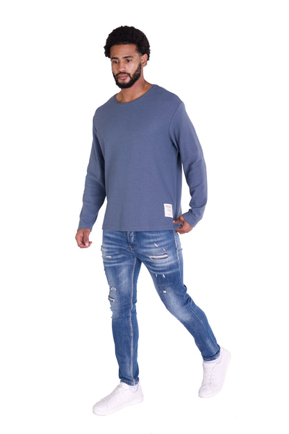 Feinstrick Longsleeve, Loose Fit mit ausgefranstem Kragen Modell DQ KB401, Blau, Braun, Grau oder Grün