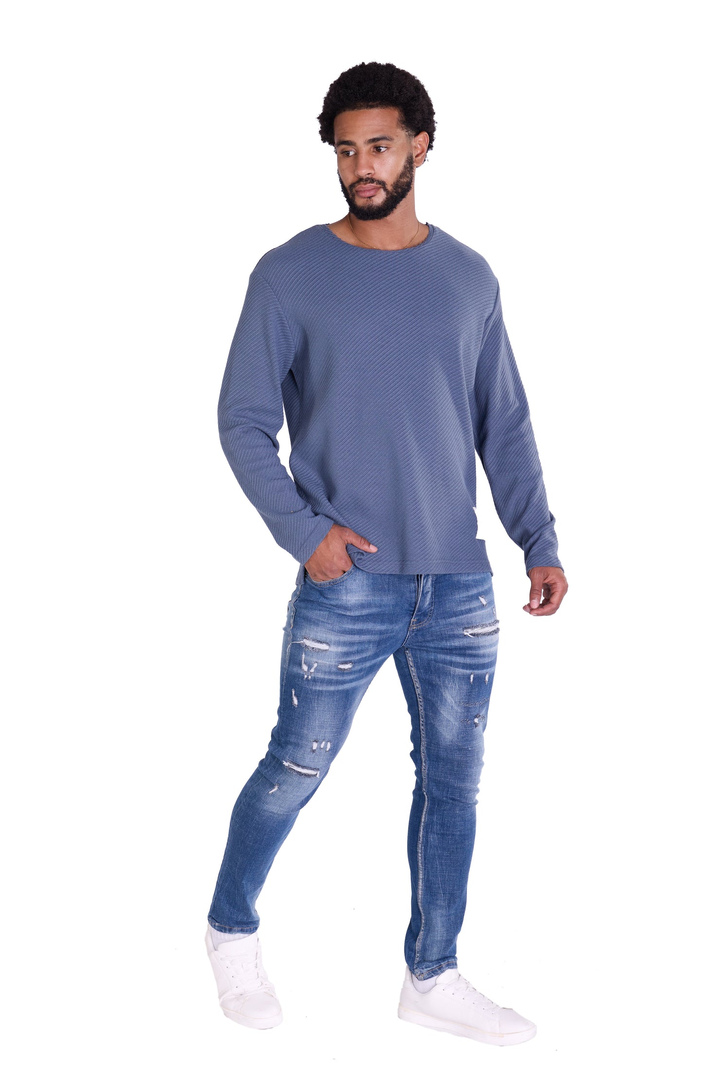 Feinstrick Longsleeve, Loose Fit mit ausgefranstem Kragen Modell DQ KB401, Blau, Braun, Grau oder Grün