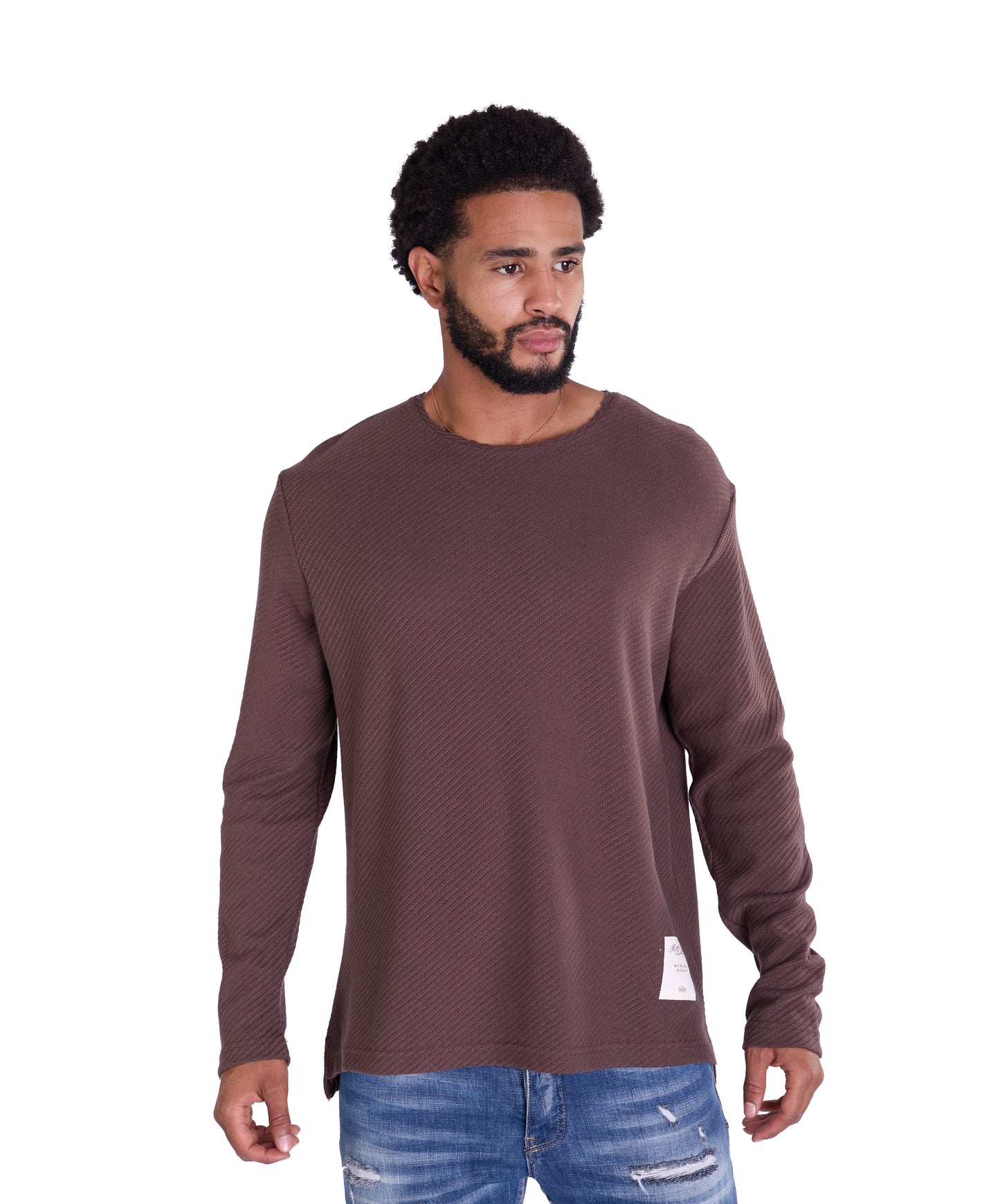 Feinstrick Longsleeve, Loose Fit mit ausgefranstem Kragen Modell DQ KB401, Blau, Braun, Grau oder Grün