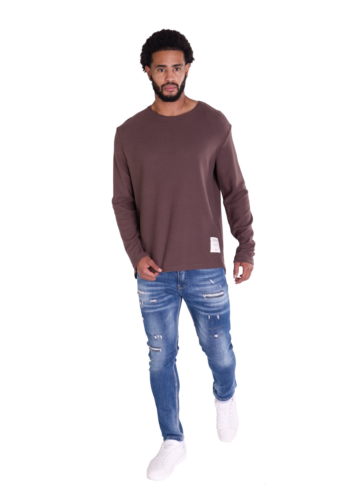 Feinstrick Longsleeve, Loose Fit mit ausgefranstem Kragen Modell DQ KB401, Blau, Braun, Grau oder Grün