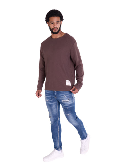 Feinstrick Longsleeve, Loose Fit mit ausgefranstem Kragen Modell DQ KB401, Blau, Braun, Grau oder Grün