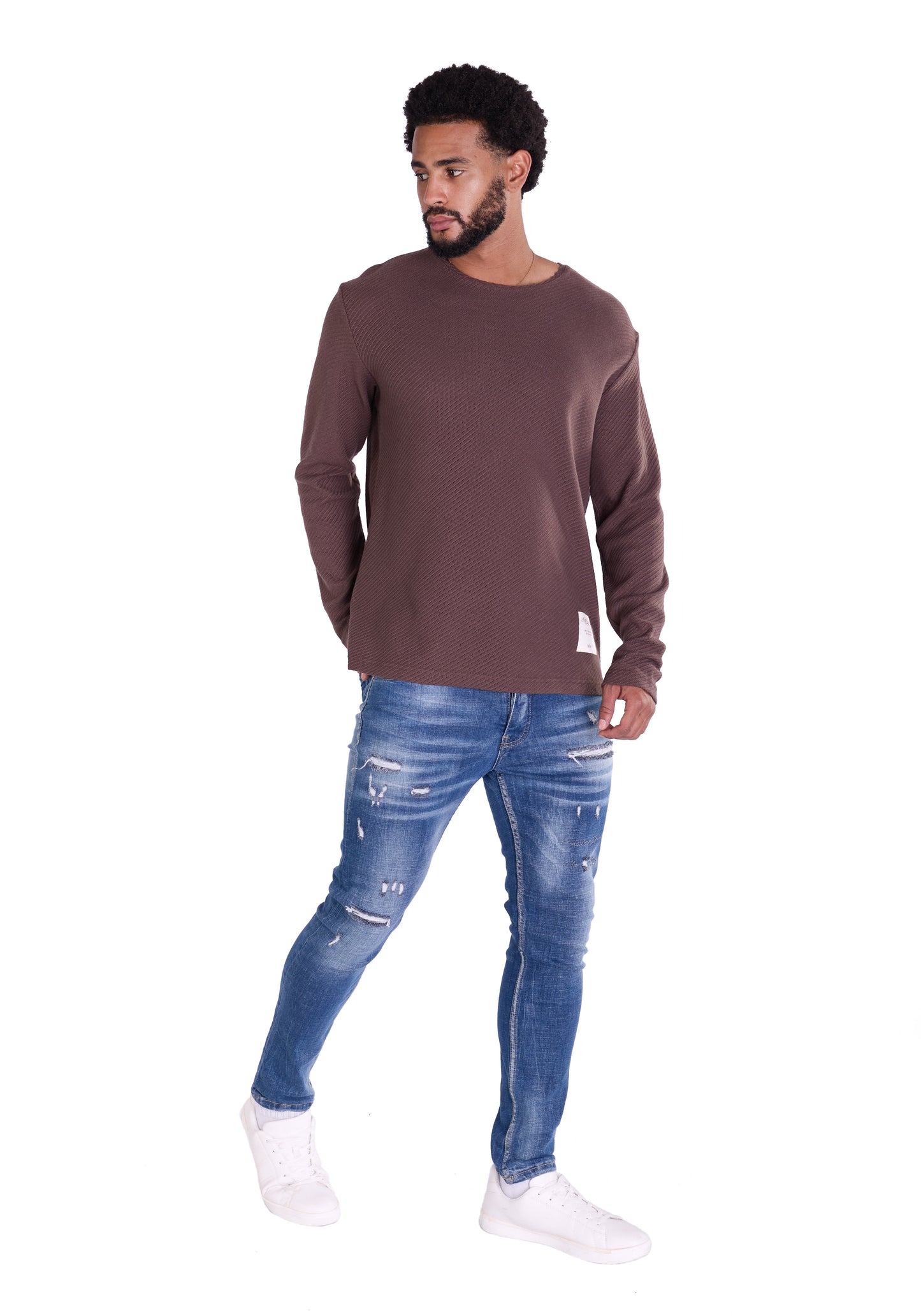 Feinstrick Longsleeve, Loose Fit mit ausgefranstem Kragen Modell DQ KB401, Blau, Braun, Grau oder Grün