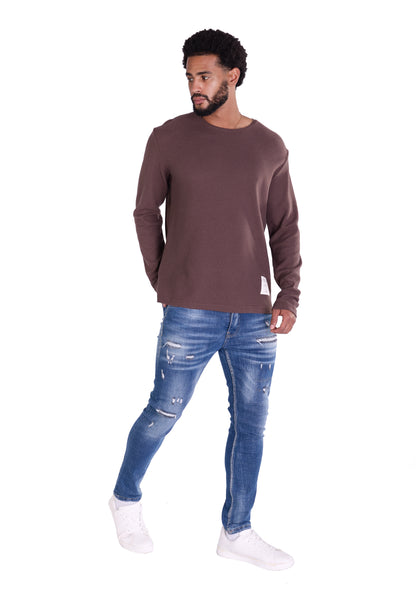 Feinstrick Longsleeve, Loose Fit mit ausgefranstem Kragen Modell DQ KB401, Blau, Braun, Grau oder Grün