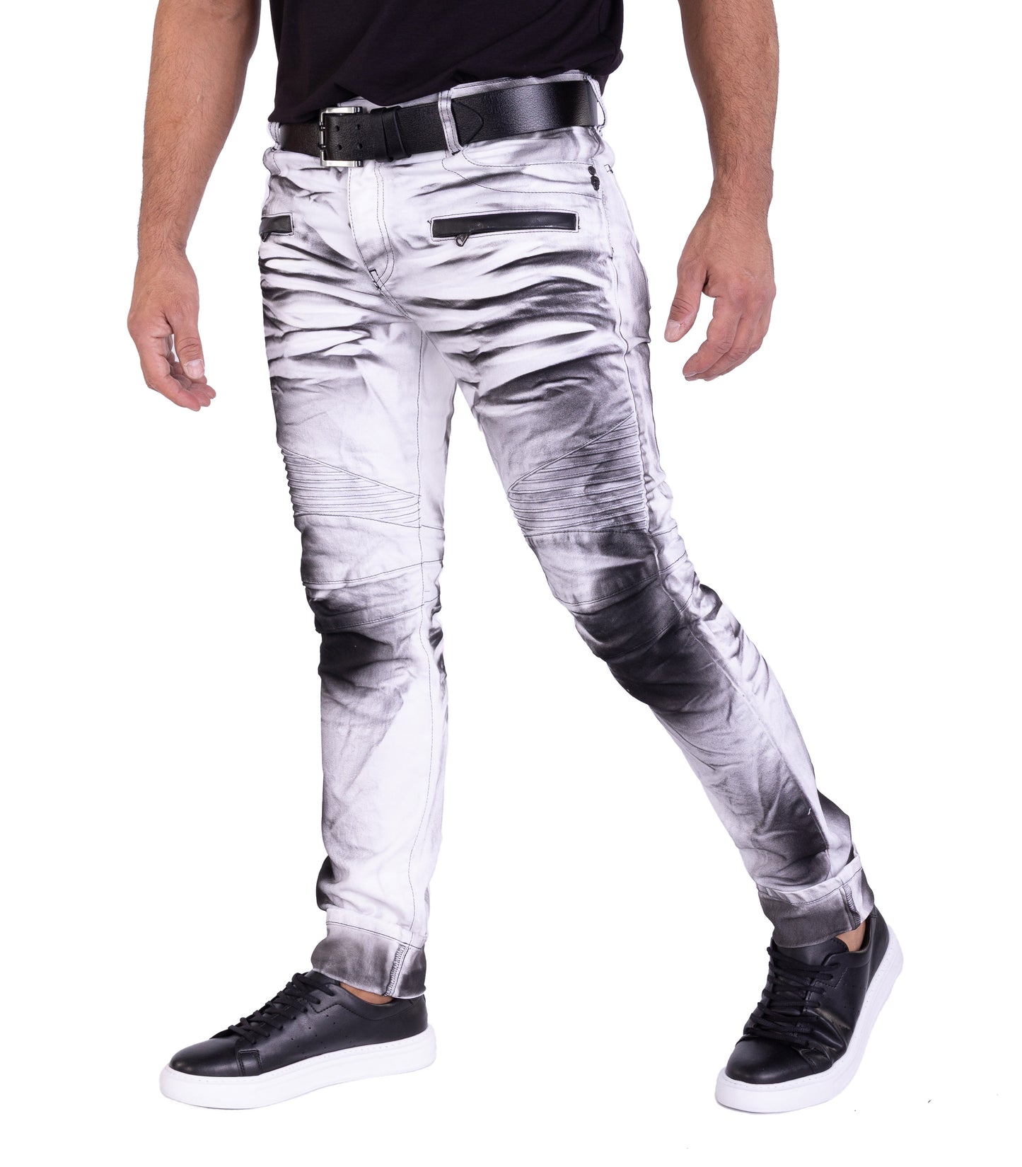 KINGZ Herren Biker Jeans, Skinny Fit, Modell 1372-2, Weiß