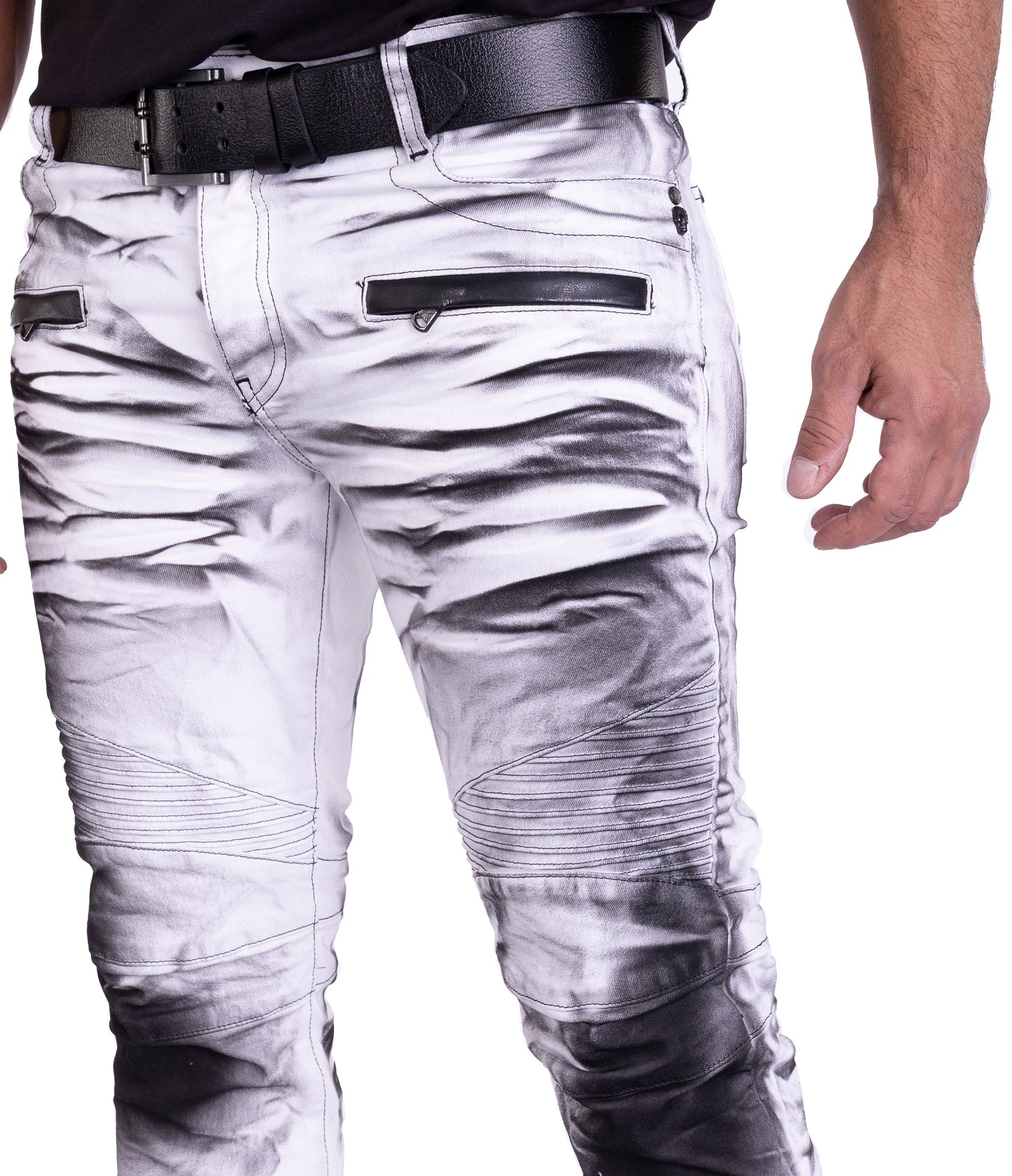 KINGZ Herren Biker Jeans, Skinny Fit, Modell 1372-2, Weiß