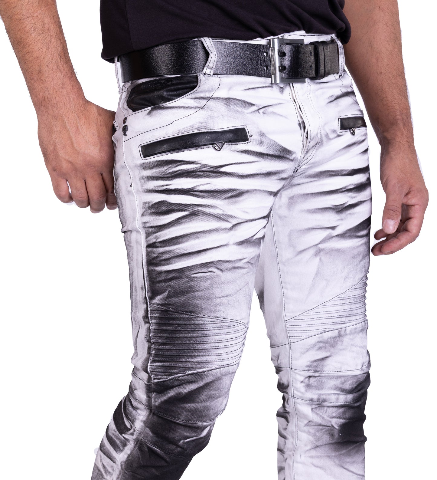 KINGZ Herren Biker Jeans, Skinny Fit, Modell 1372-2, Weiß