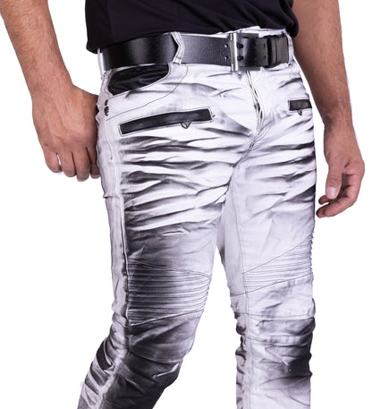 KINGZ Herren Biker Jeans, Skinny Fit, Modell 1372-2, Weiß