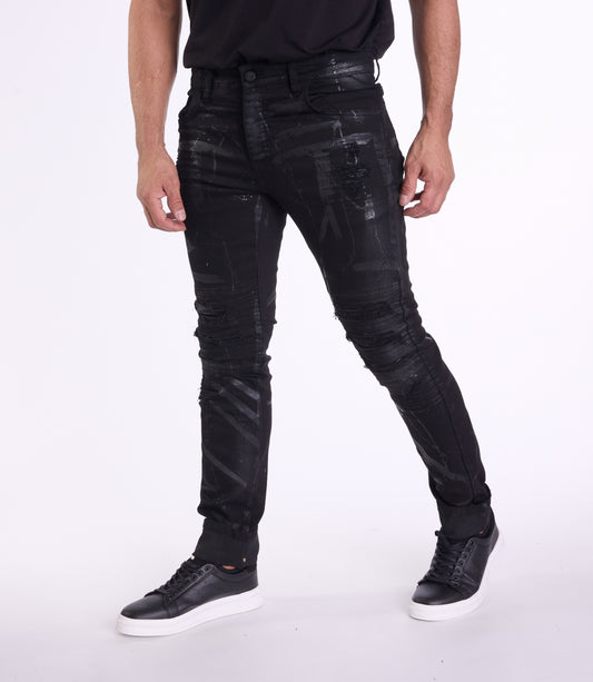 KINGZ Herren Designer Biker Jeans, Slim Fit, Modell 1505, Black/Black