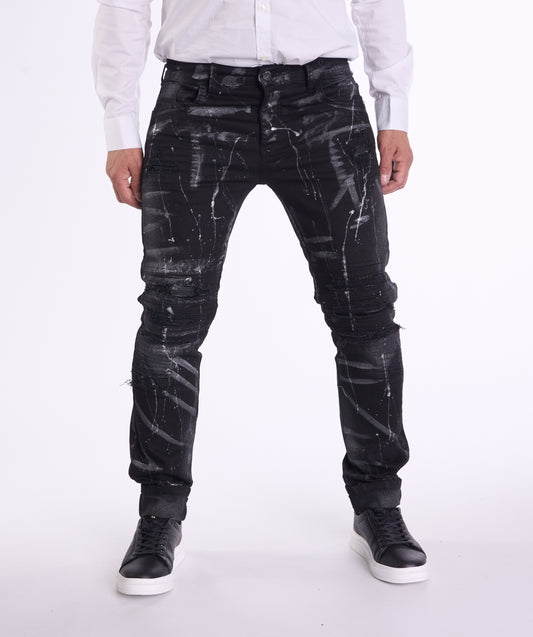 KINGZ Herren Designer Biker Jeans, Slim Fit, Modell 1505, Black/Silver