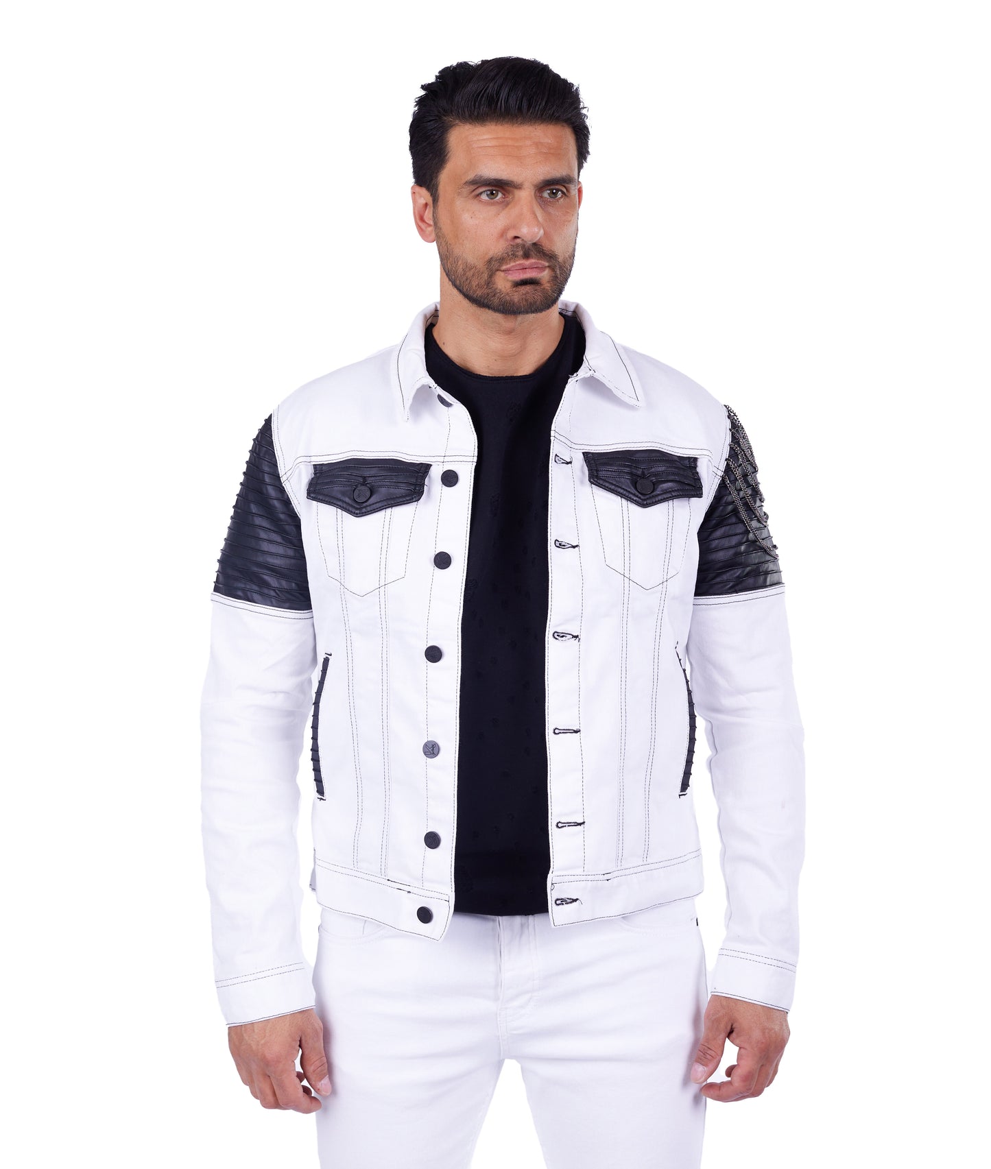 KINGZ men's biker jeans jacket, skull motif, slim fit, model 1593, white 