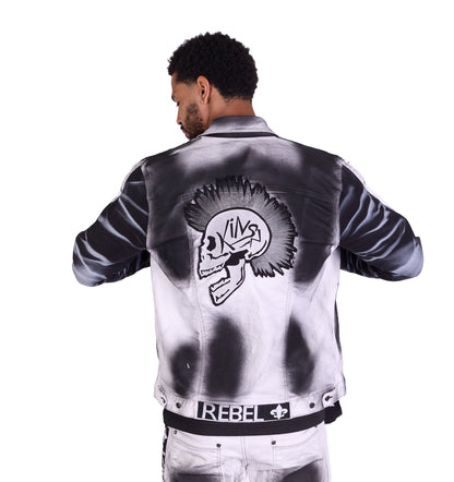 KINGZ men's biker jeans jacket, skull motif, slim fit, model 1825, white 