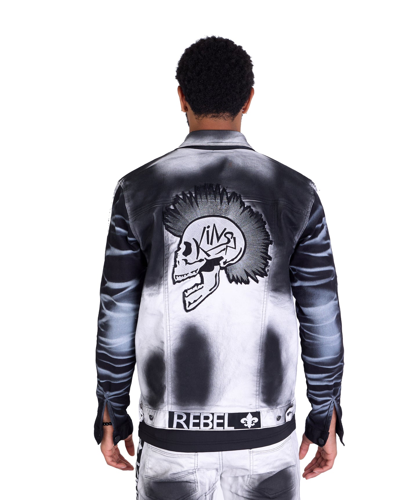 KINGZ men's biker jeans jacket, skull motif, slim fit, model 1825, white 